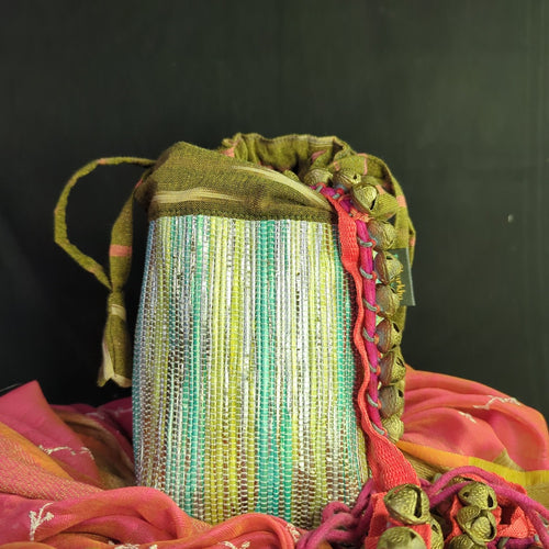recharkha upcycled handwoven Potli bag handmade from waste plastic bags and wrappers