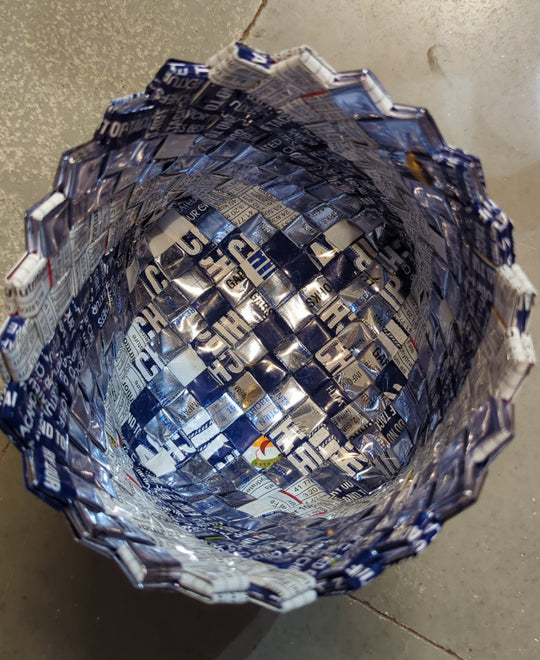 Medium Basketry Deco planter with silver, white and Navy blue design (BDSM1223-008)
