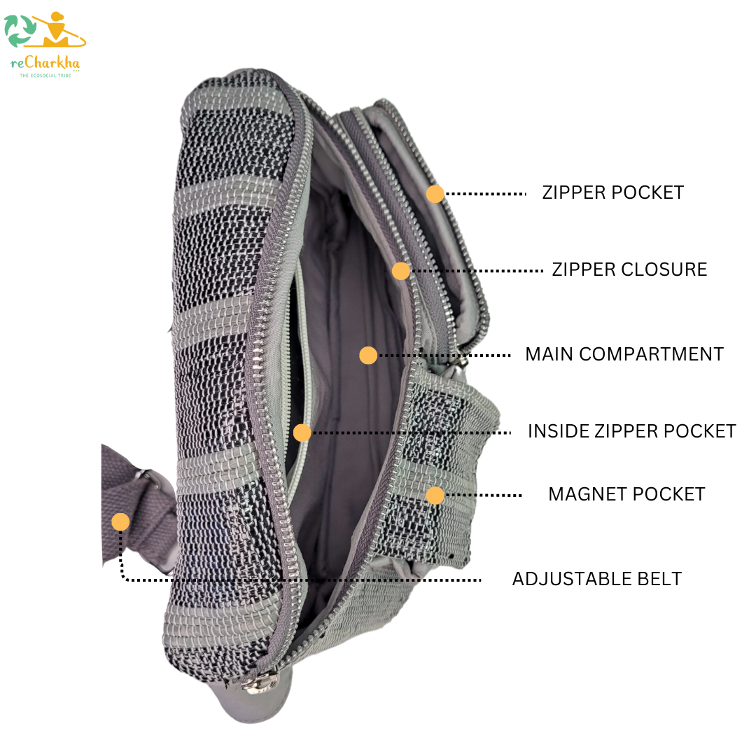recharkha upcycled handwoven Belt Pack hand made from waste plastic bags and wrappers 