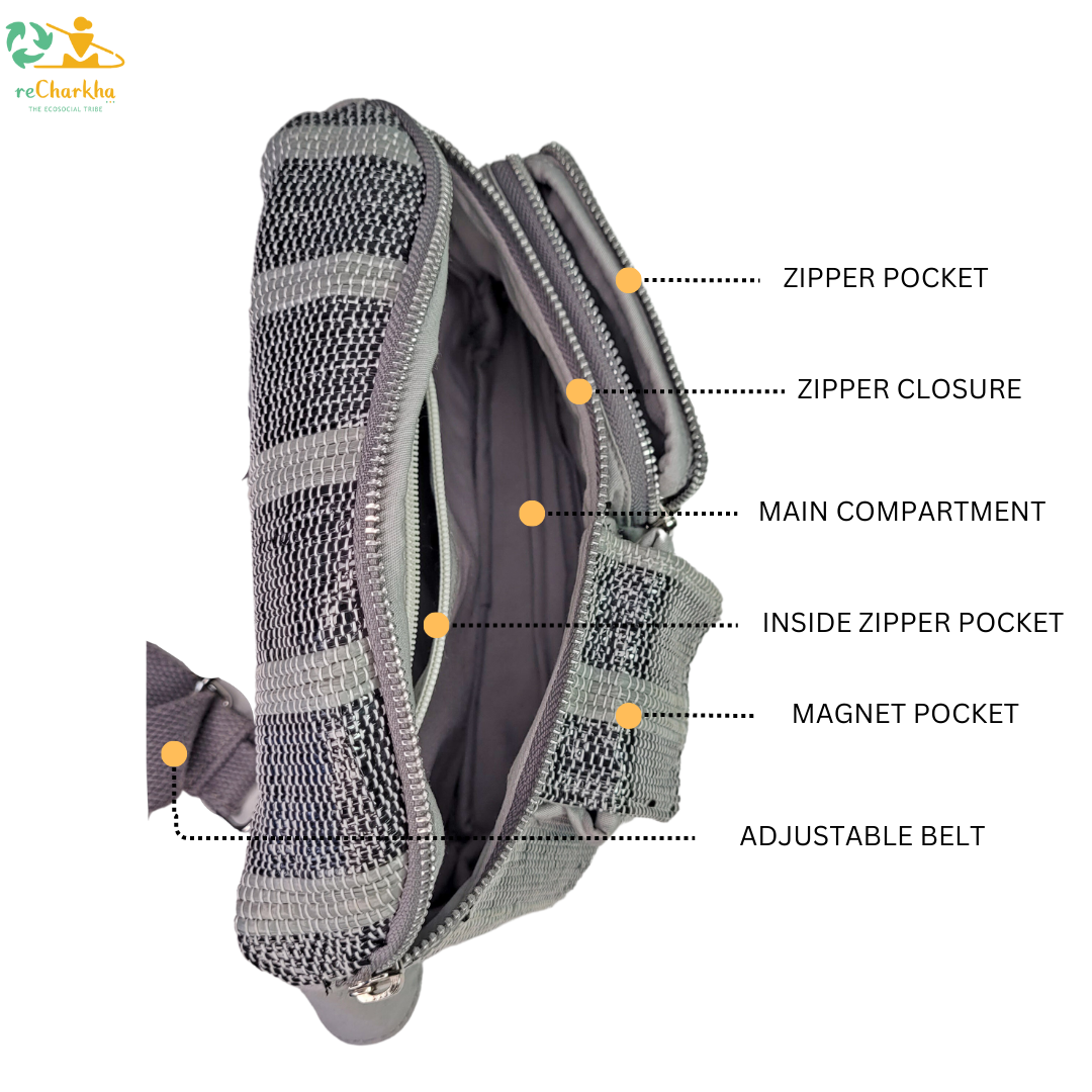 recharkha upcycled handwoven Belt Pack hand made from waste plastic bags and wrappers