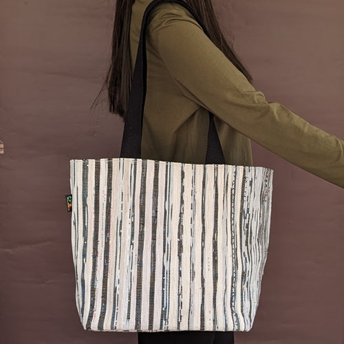 Black White Amazon Wrappers and Sliver Shimmery Upcycled Handwoven Shopper Tote (ST0524-009) PS_W