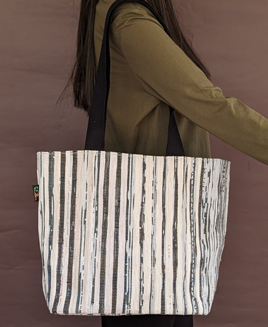 Black White Amazon Wrappers and Sliver Shimmery Upcycled Handwoven Shopper Tote (ST0524-009) PS_W