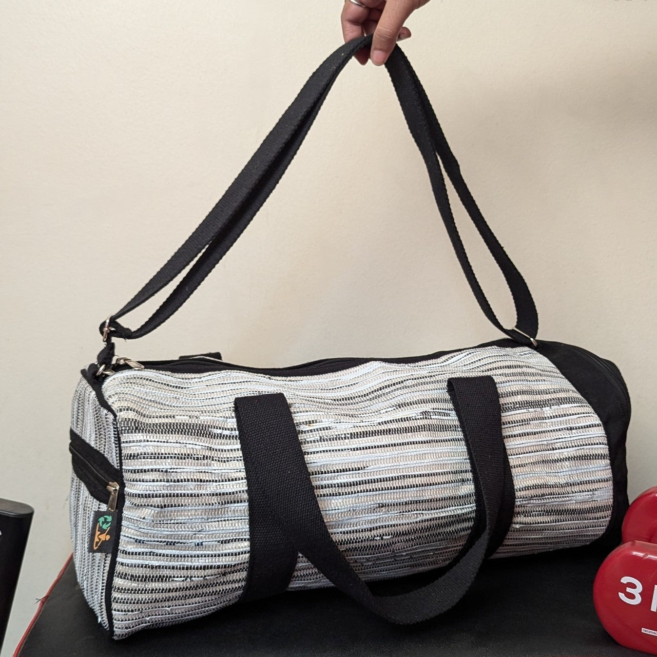 Multicolored Shimmery Waste Plastic Wrappers Upcycled Handwoven Gym Duffle Weekender Bag GDB0424 012 reCharkha The EcoSocial Tribe