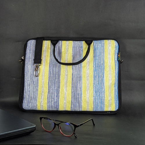 Blue White Yellow Waste Plastic Wrappers Upcycled Handwoven Laptop Sleeves 14 inches (LSB140324-103)