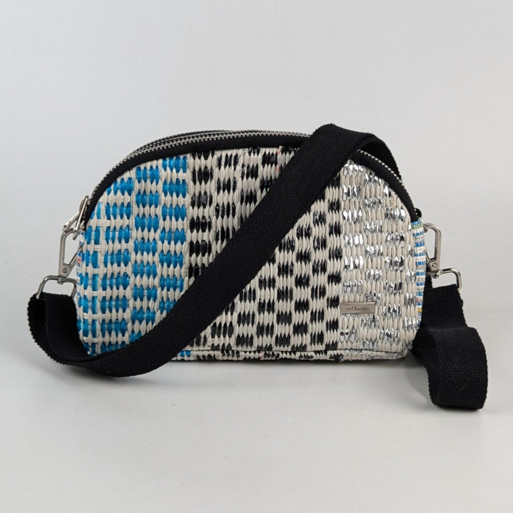 Blue Black Checkered Shimmery Upcycled Handwoven Designer Taco Sling (TSLD0225-001) PS_W