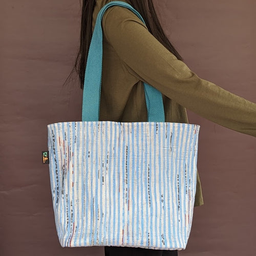 Blue and White Upcycled Handwoven Shopper Tote (ST0524-014) PS_W