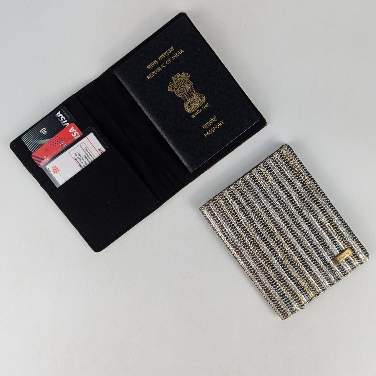 Cassette Tape Brown and Golden Shimmery Striped Upcycled Handwoven Passport Cover (PC1224-001) PS_W