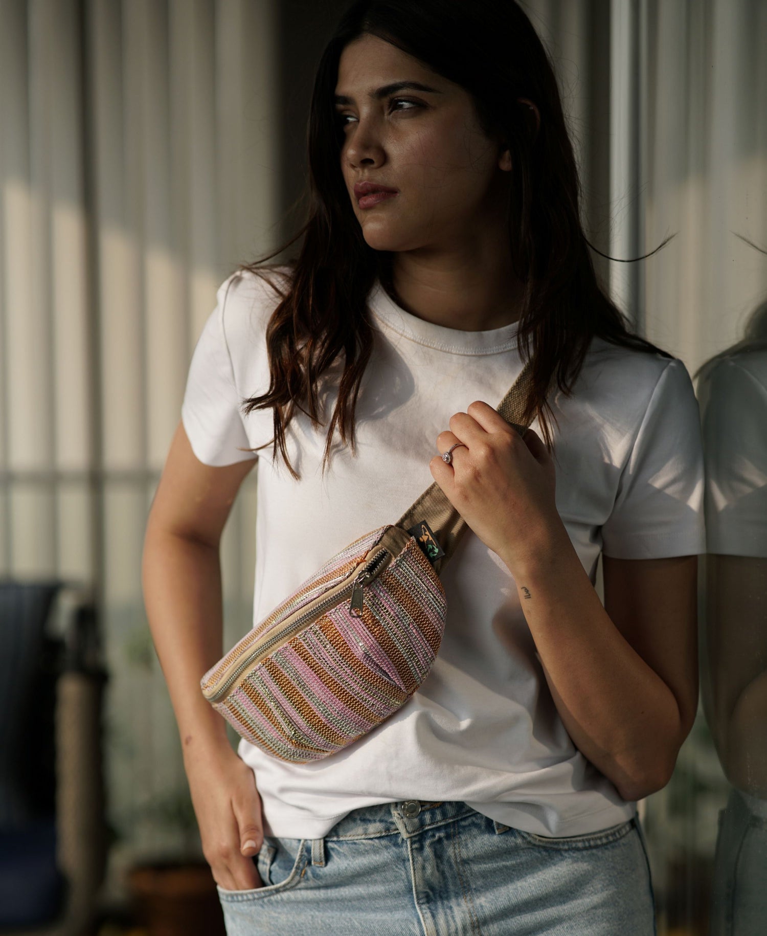 reCharkha X India Hikes - Black Green Bright Yellow Striped Upcycled Handwoven Fanny Pack (FP0724-003) PS_W