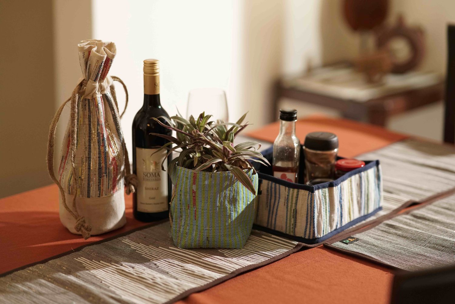 Brown White Striped Upcycled Handwoven Table Runner (TR1224-008) PS_W