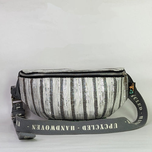 (GFP1223-101) Brown Cassette Tapes on Silver White Glitter Wrappers Upcycled Handwoven Girija Fanny Pack