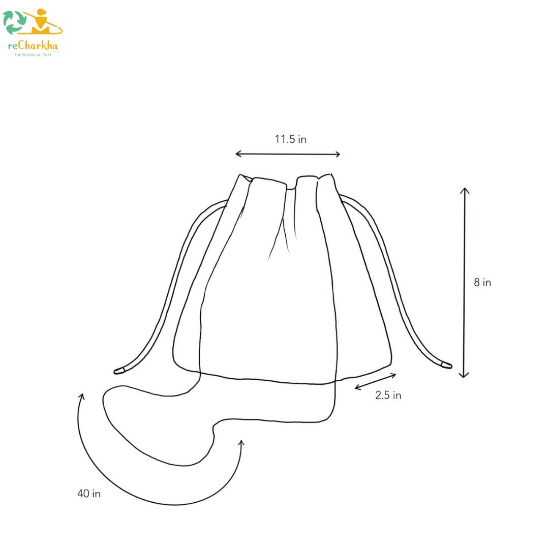 reCharkha Upcycled Handwoven Recycle Livelihoods Handcraft Handmade Girija Sling Potli Batwa Ethically Tribal Made in India Pune Warli Tribe Handloom Refash Trash Fash Waste EcoSocial Upcyclers Conscious Fashion Upcycled slow Trending Swadeshi Weave Textile Sustainable