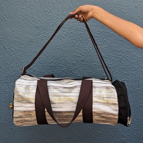 Golden Brown White Striped Waste Plastic Wrappers Upcycled Handwoven Gym Duffle Weekender Bag (GDB0424-008)
