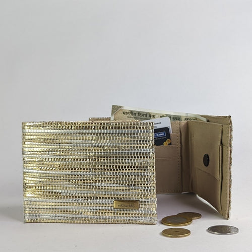 Golden Glittery Waste Plastic Wrappers Upcycled Handwoven Wallet (W0424-001) PS_W