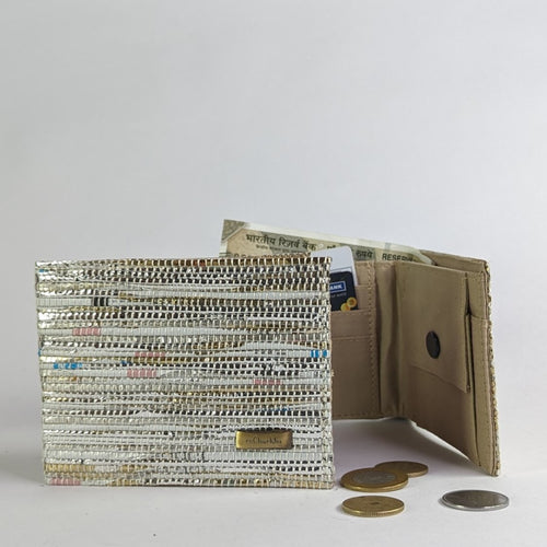 Golden Glittery and White Waste Plastic Wrappers Upcycled Handwoven Wallet (W0424-002) PS_W