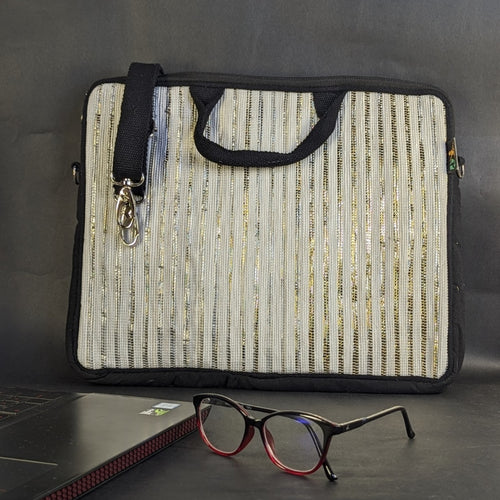 Golden Thin Stripes on White Upcycled Handwoven Laptop Sleeves 14 inches (LSB14-0224-110)