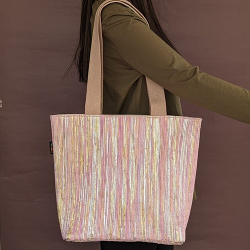 Golden and Pink Shimmery Upcycled Handwoven Shopper Tote (ST0524-001)