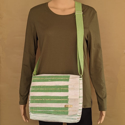 Green White Golden Shimmery Upcycled Handwoven Designer Messenger Bag (MBD0524-001) PS_W
