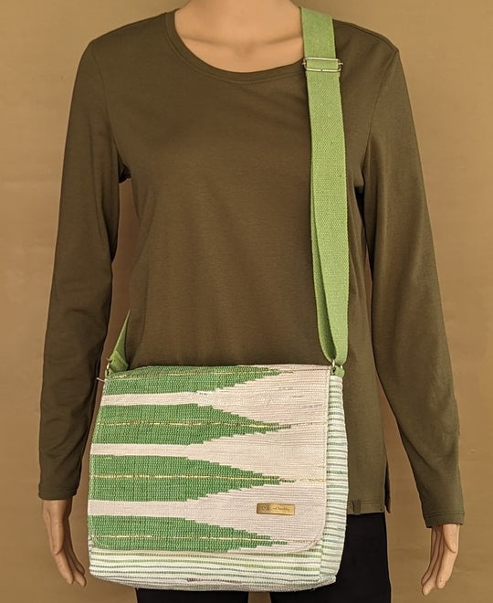 Green White Golden Shimmery Upcycled Handwoven Designer Messenger Bag (MBD0524-002) PS_W