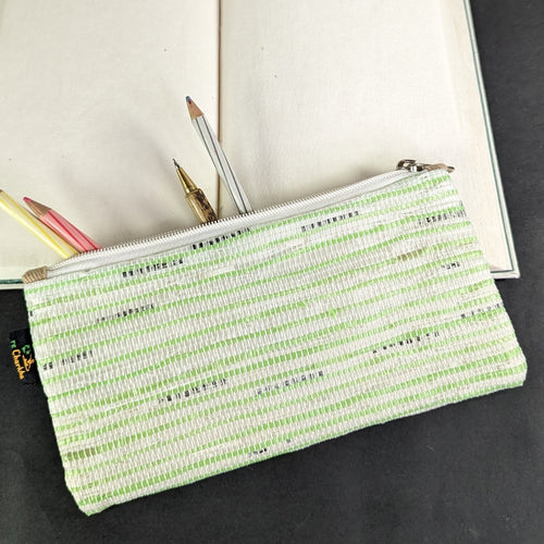 Green White and Black Waste Plastic Wrappers Upcycled Handwoven Pencil Pouch (PP0524-002) PS_W