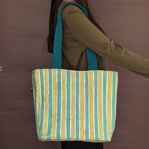 Green Yellow Sliver Striped Upcycled Handwoven Shopper Tote (ST0524-007) PS_W