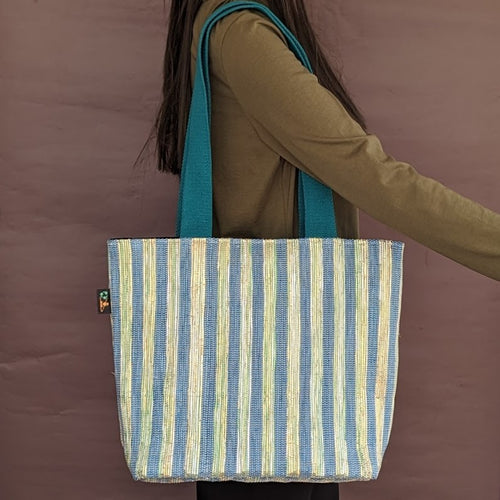 Green and Blue Shimmery Upcycled Handwoven Shopper Tote (ST0524-005) PS_W