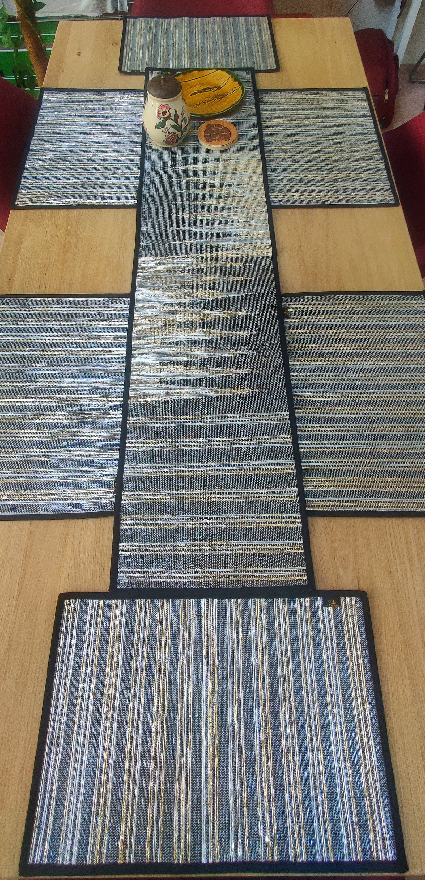 " Pink Silver Striped Upcycled Handwoven Table Runner (TR1224-004) PS_W