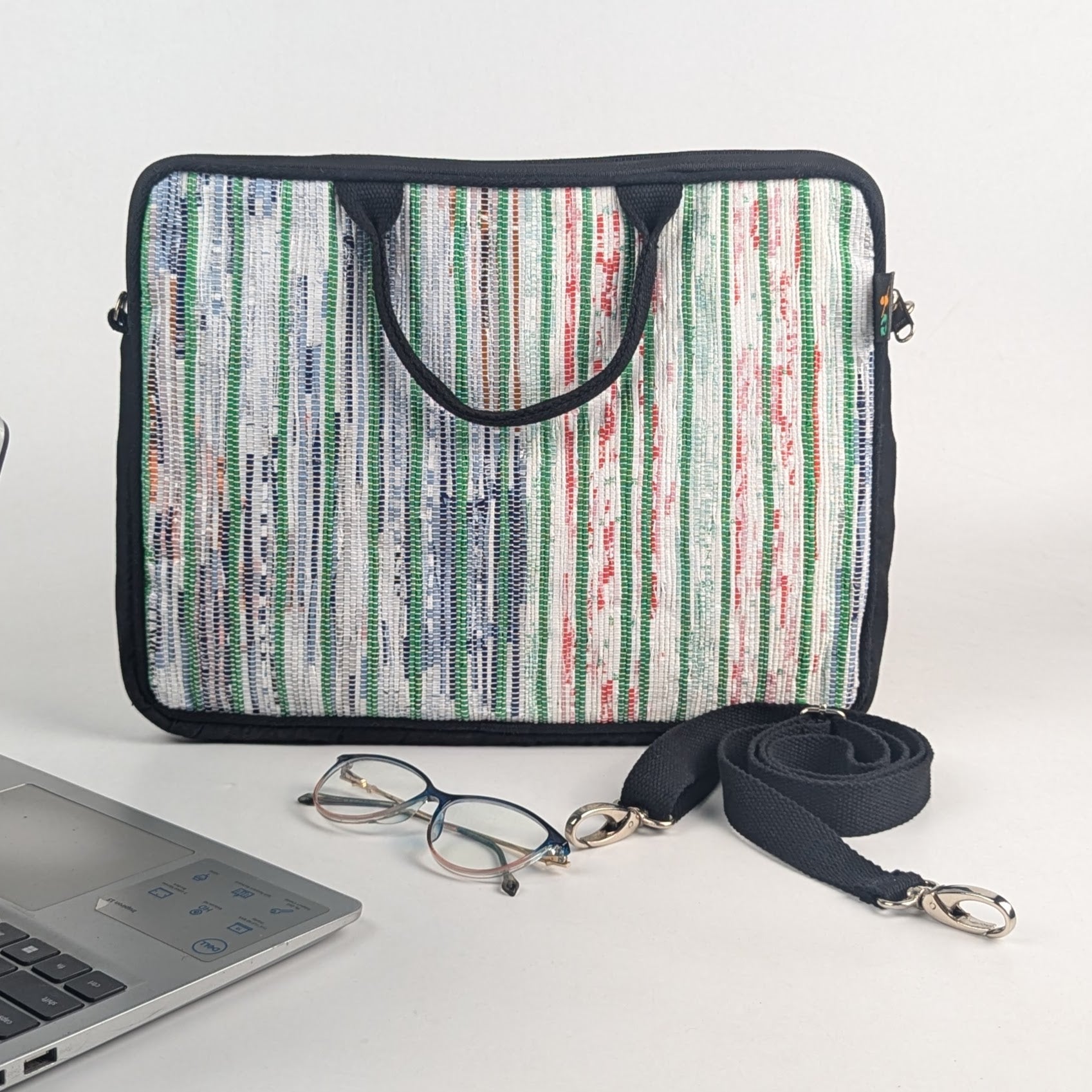 Multi Colour mix with Green Stripes Upcycled Handwoven Laptop Sleeves 14 inches (LSB140225-005) PS_W