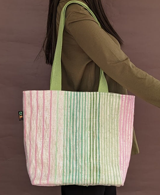 Multicolored Shimmery Striped Upcycled Handwoven Shopper Tote (ST0524-012) PS_W