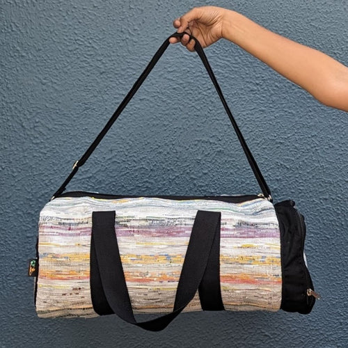 Multicolored Waste Plastic Wrappers Upcycled Handwoven Gym Duffle Weekender Bag (GDB0424-010)