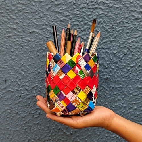 Multicolored Waste Plastic Wrappers Upcycled Origami Basketry Deco Storage Small (BDSS0524-005) PS_W