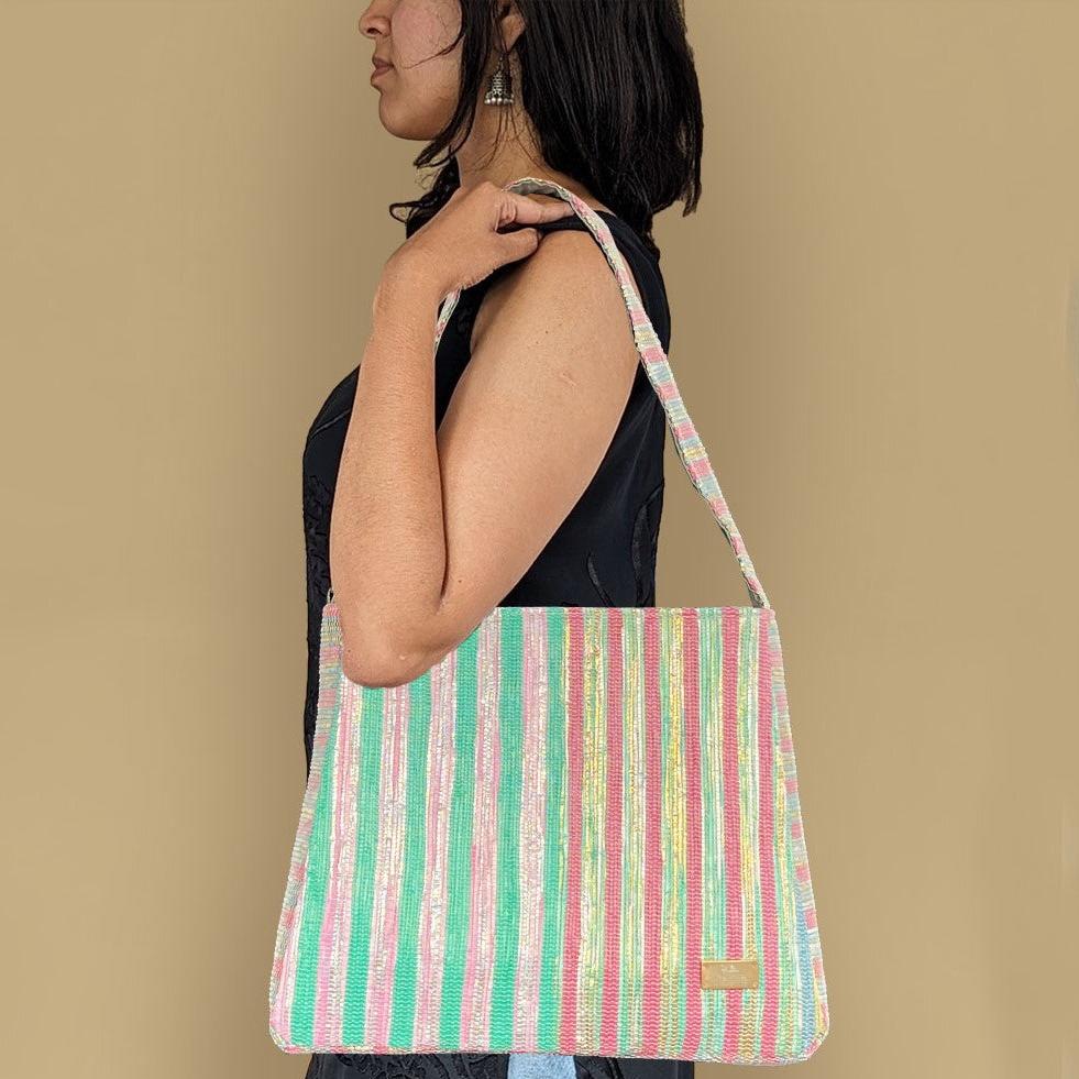 Shimmery Golden and Blue White Striped Waste Plastic Wrappers Upcycled Handwoven Trapeze Tote TT0524 002 PS W reCharkha The EcoSocial Tribe
