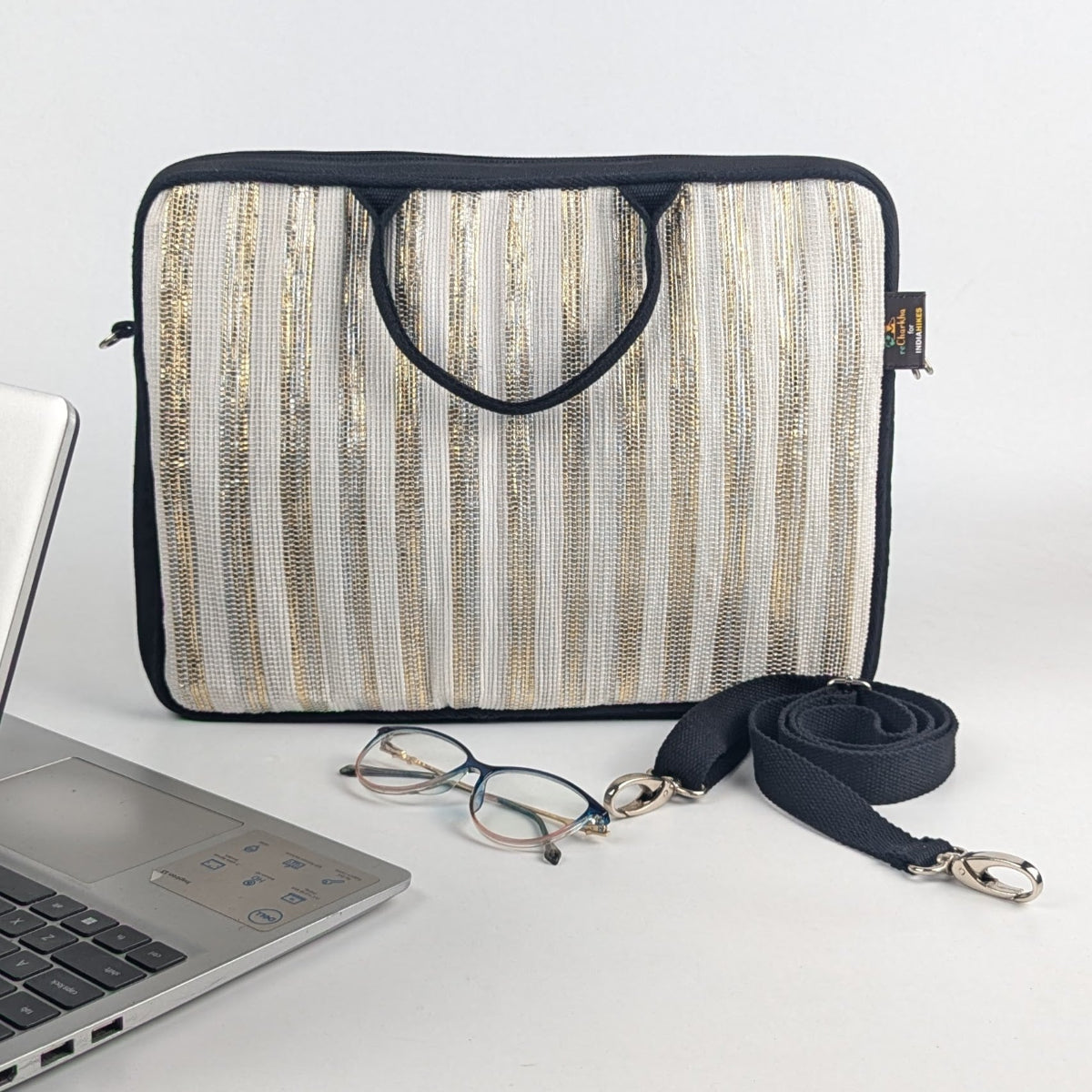 reCharkha X India Hikes Gold and White Stripes Laptop Sleeve 14 inch (LSB140624-003) PS_W