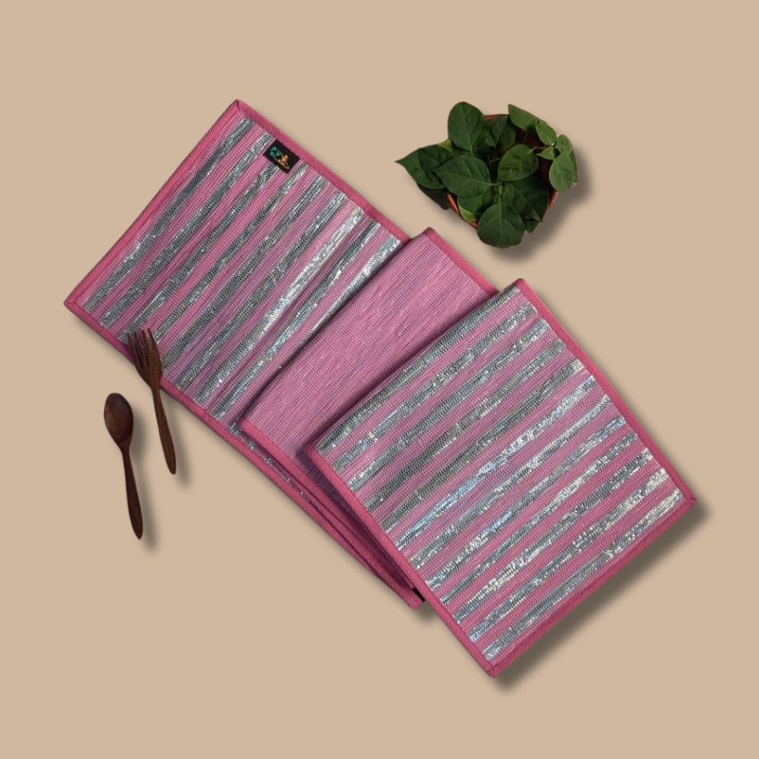 Pink Silver Striped Upcycled Handwoven Table Runner (TR1224-004) PS_W
