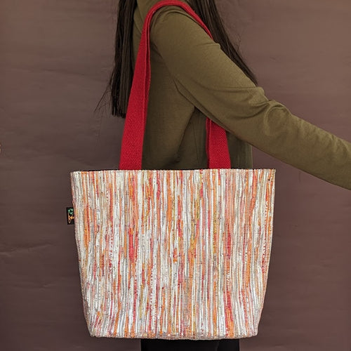 Red and Sliver Shimmery Upcycled Handwoven Shopper Tote (ST0524-008)