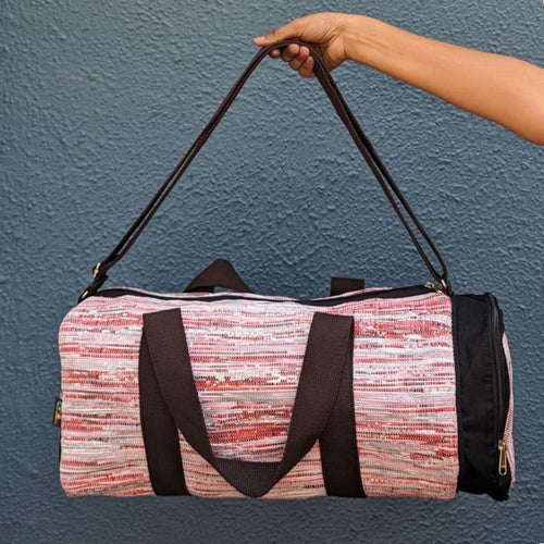 Red and White Modern Dairy Waste Plastic Wrappers Upcycled Handwoven Gym Duffle Weekender Bag (GDB0424-005)