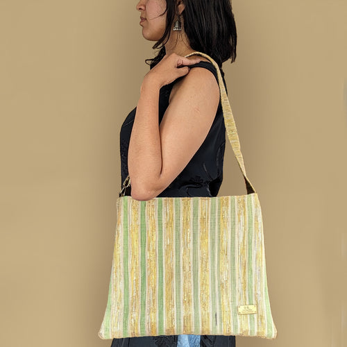 Shimmery Golden Yelllow and Green Striped Waste Plastic Wrappers Upcycled Handwoven Trapeze Tote (TT0524-009) PS_W