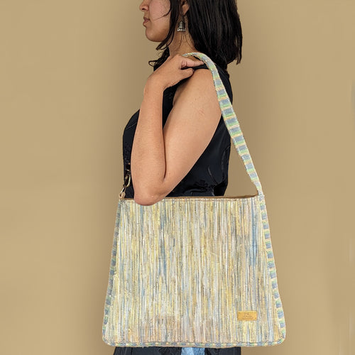 Shimmery Golden and Blue Waste Plastic Wrappers Upcycled Handwoven Trapeze Tote (TT0524-006) PS_W