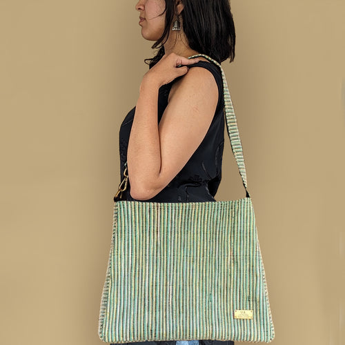 Shimmery Golden and Green Black White Striped Waste Plastic Wrappers Upcycled Handwoven Trapeze Tote (TT0524-007) PS_W
