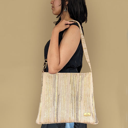 Shimmery Golden and White Black Waste Plastic Wrappers Upcycled Handwoven Trapeze Tote (TT0524-010) PS_W