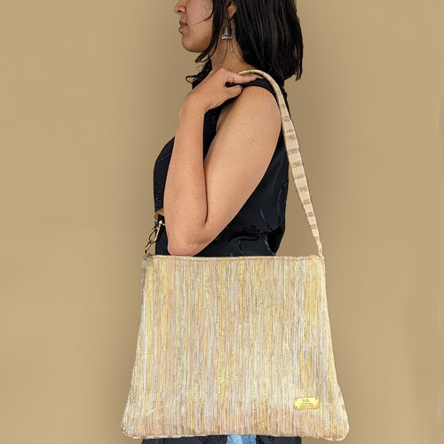 Shimmery Golden and White Waste Plastic Wrappers Upcycled Handwoven Trapeze Tote (TT0524-005) PS_W