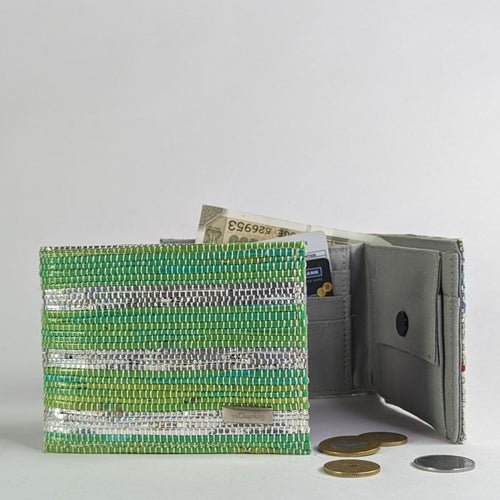 Shimmery Green and Silver Striped Waste Plastic Wrappers Upcycled Handwoven Wallet (W0424-007) PS_W