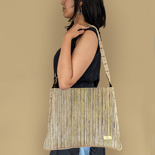 Shimmery Multicolored Waste Plastic Wrappers Upcycled Handwoven Trapeze Tote (TT0524-011) PS_W