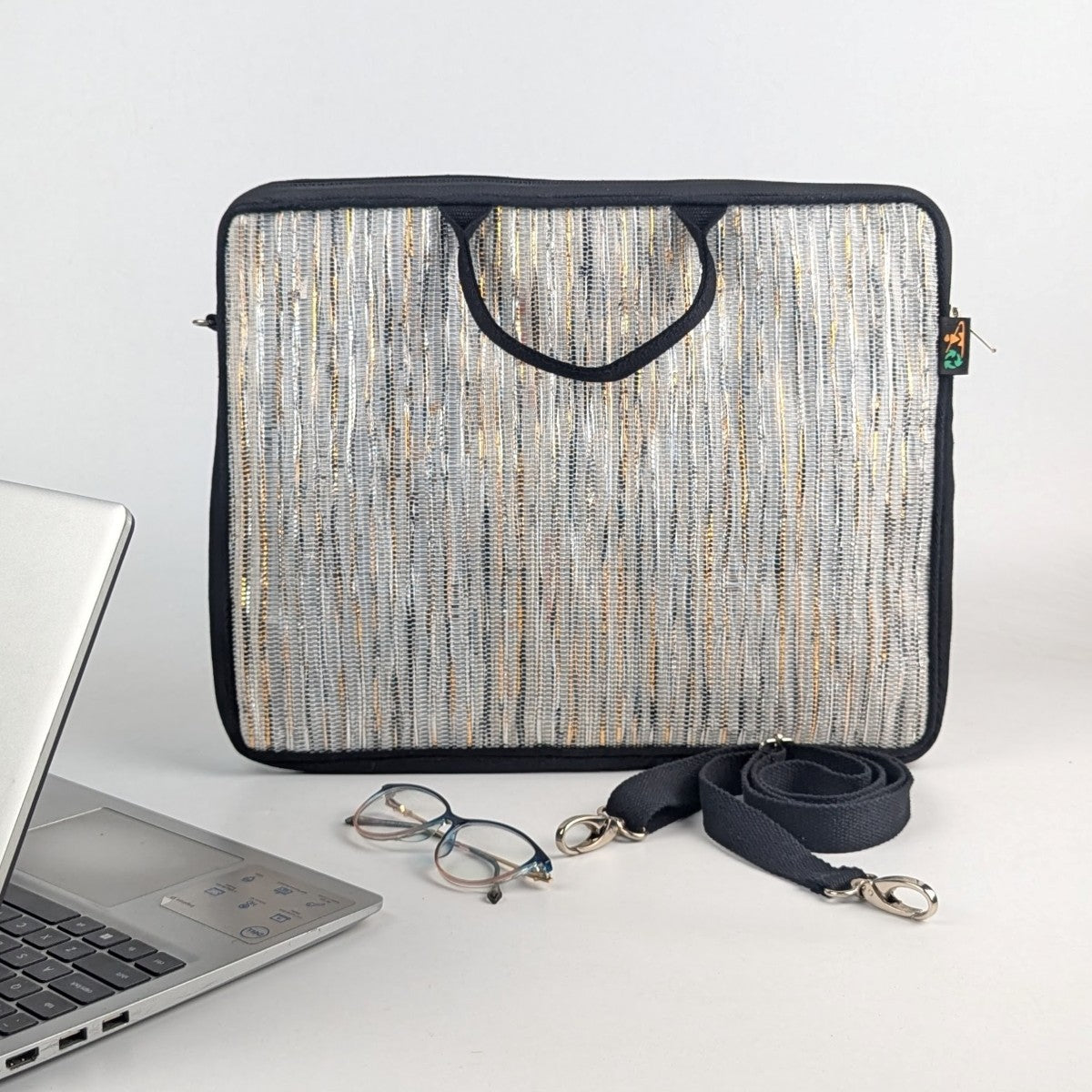 Shimmery Golden White Black Striped Upcycled Handwoven Laptop Sleeve 16 inch (LSB161124-005) PS_W