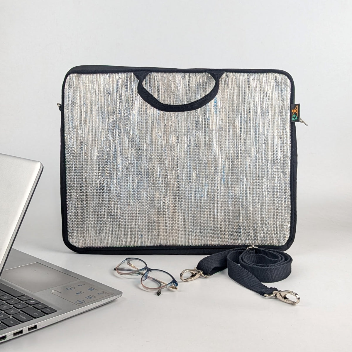 Shimmery Silver Upcycled Handwoven Laptop Sleeve 16 inch (LSB161124-003) PS_W