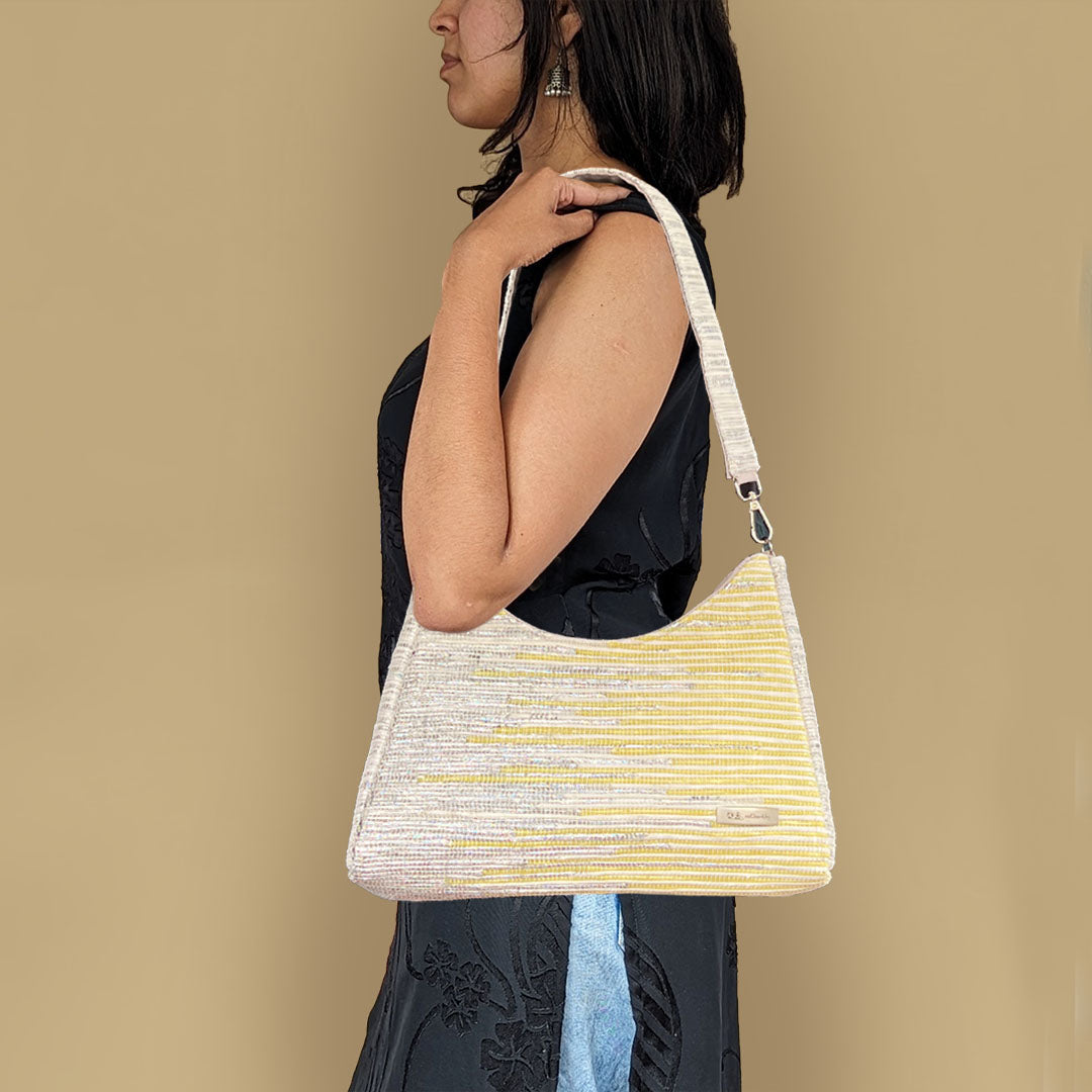 Shimmery Silver White Yellow Designer Upcycled Handwoven Baguette Bag reCharkha The EcoSocial Tribe