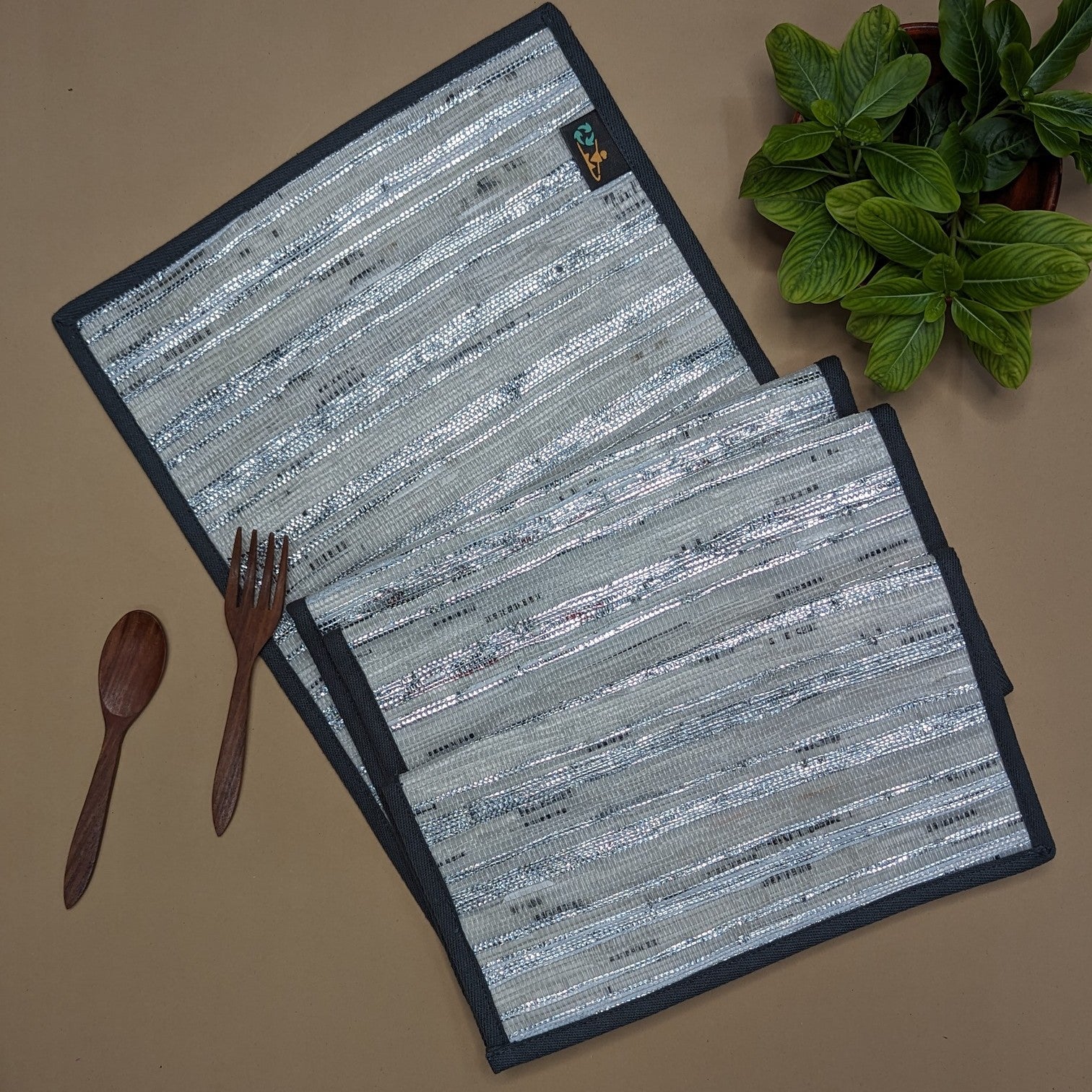 Sliver Shimmery White Black Striped Upcycled Handwoven Table Runner (TR0824-005) PS_W