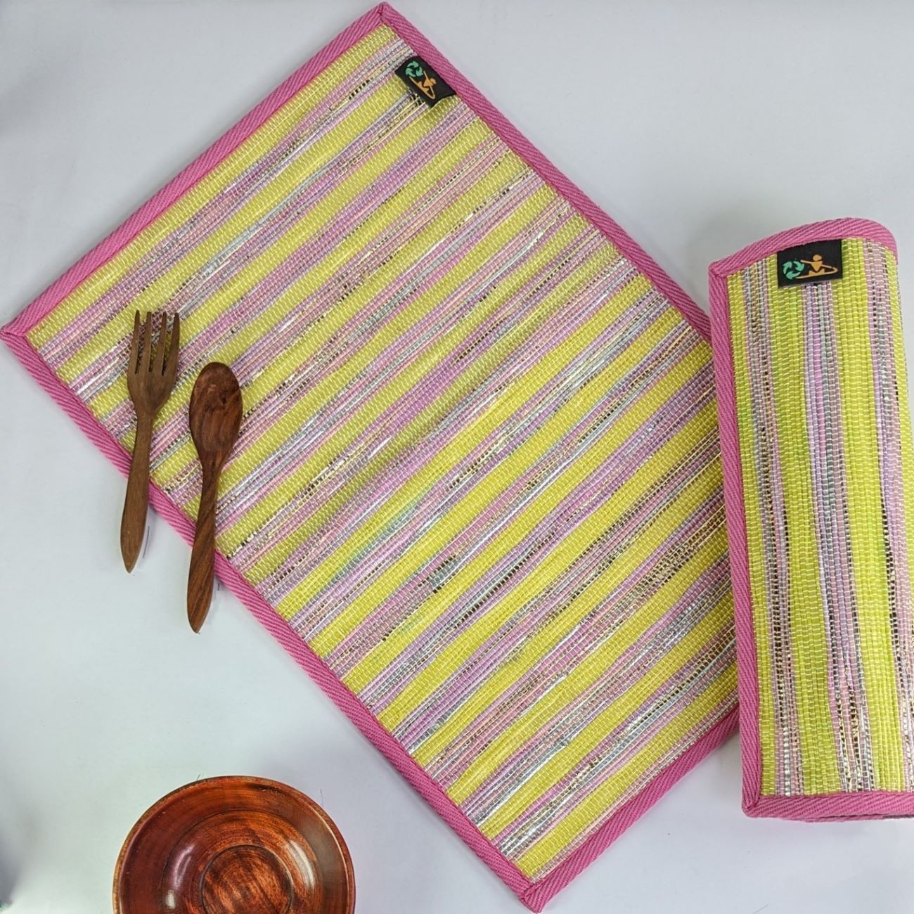 (TM0324-105) Yellow Pink, Sliver Striped Waste Plastic Wrappers Upcycled Handwoven Table Mat (Set of 2)