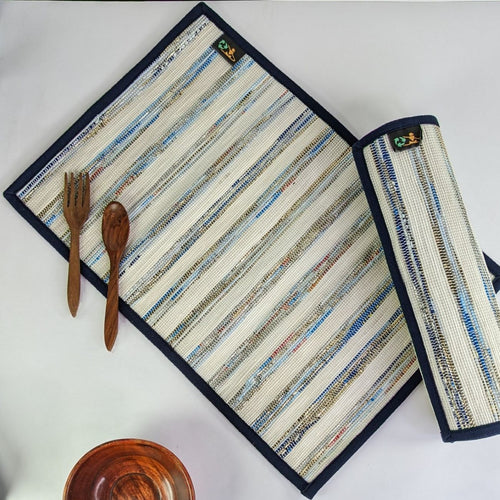 (TM0324-108) White and Silver Blue Waste Plastic Wrappers Upcycled Handwoven Table Mat (Set of 2)