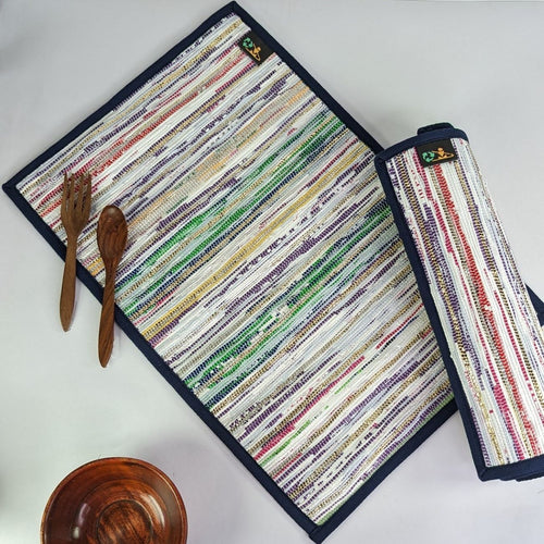 (TM0324-109) Multicolored Waste Plastic Wrappers Upcycled Handwoven Table Mat (Set of 2)
