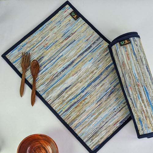 (TM0324-111) Blue White Silver Mix Waste Plastic Wrappers Upcycled Handwoven Table Mat (Set of 2)